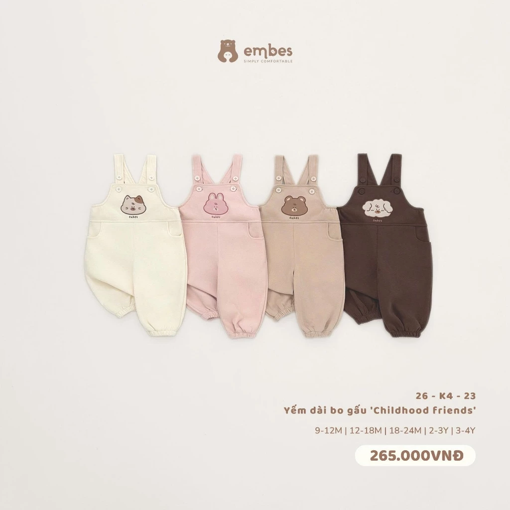 Yếm Quần Cho Bé Embes, Yếm Dài Bo Gấu Ngực Thêu Hình Chất Cotton Cho Bé Trai Bé Gái Size Từ 8-18kg