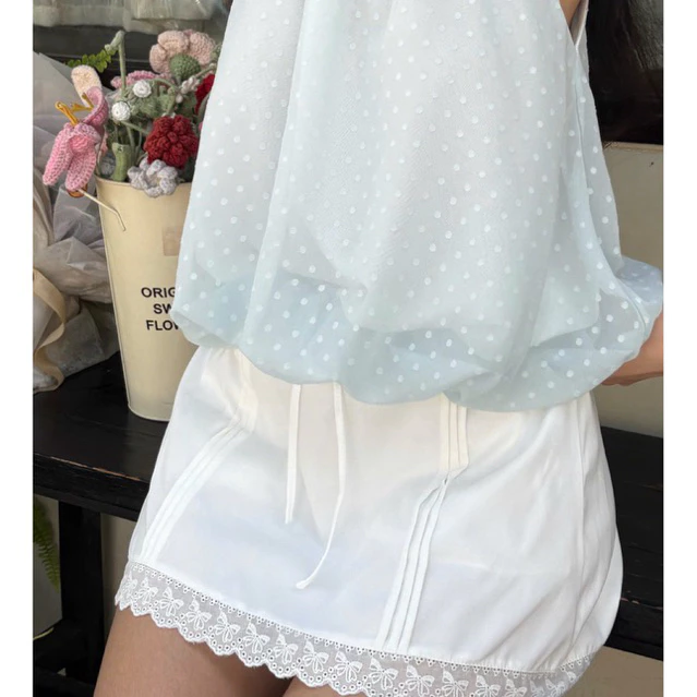 [Daisy skirt] Chân váy lưng chun phối dây rút phối ren viền xếp li có quần bảo hộ - CV1