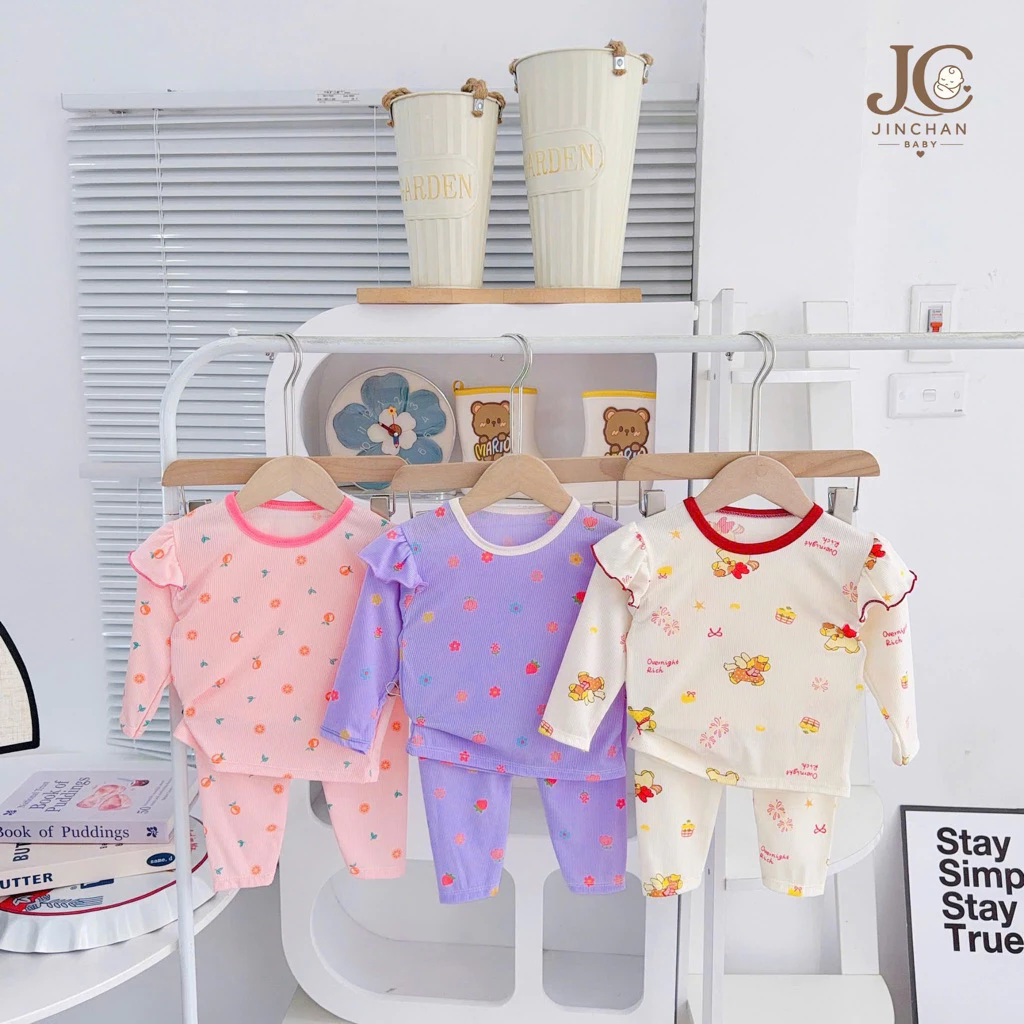 Bộ Đồ Bé Gái Thun Tăm Lạnh Cao Cấp Áo Tay Dài Cánh Tiên Quần Dài Họa Tiết Đáng Yêu