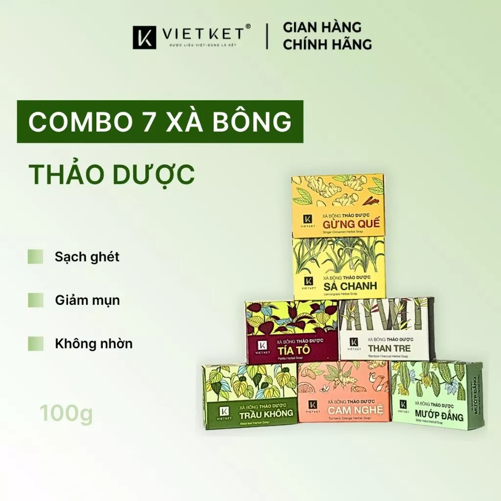 Combo 7 Xà bông (Không gừng quế) Vietket - 100g Giúp Sạch Da, Sáng Da, Giảm Mụn, Mờ Thâm, Dưỡng Ẩm