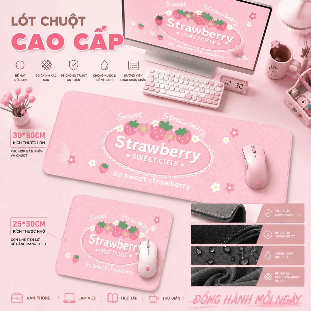 Lót chuột phong cách dễ thương, màu pastel ngọt ngào, chống trơn, cho nữ sinh & học sinh, size 80*30 & 25*30.