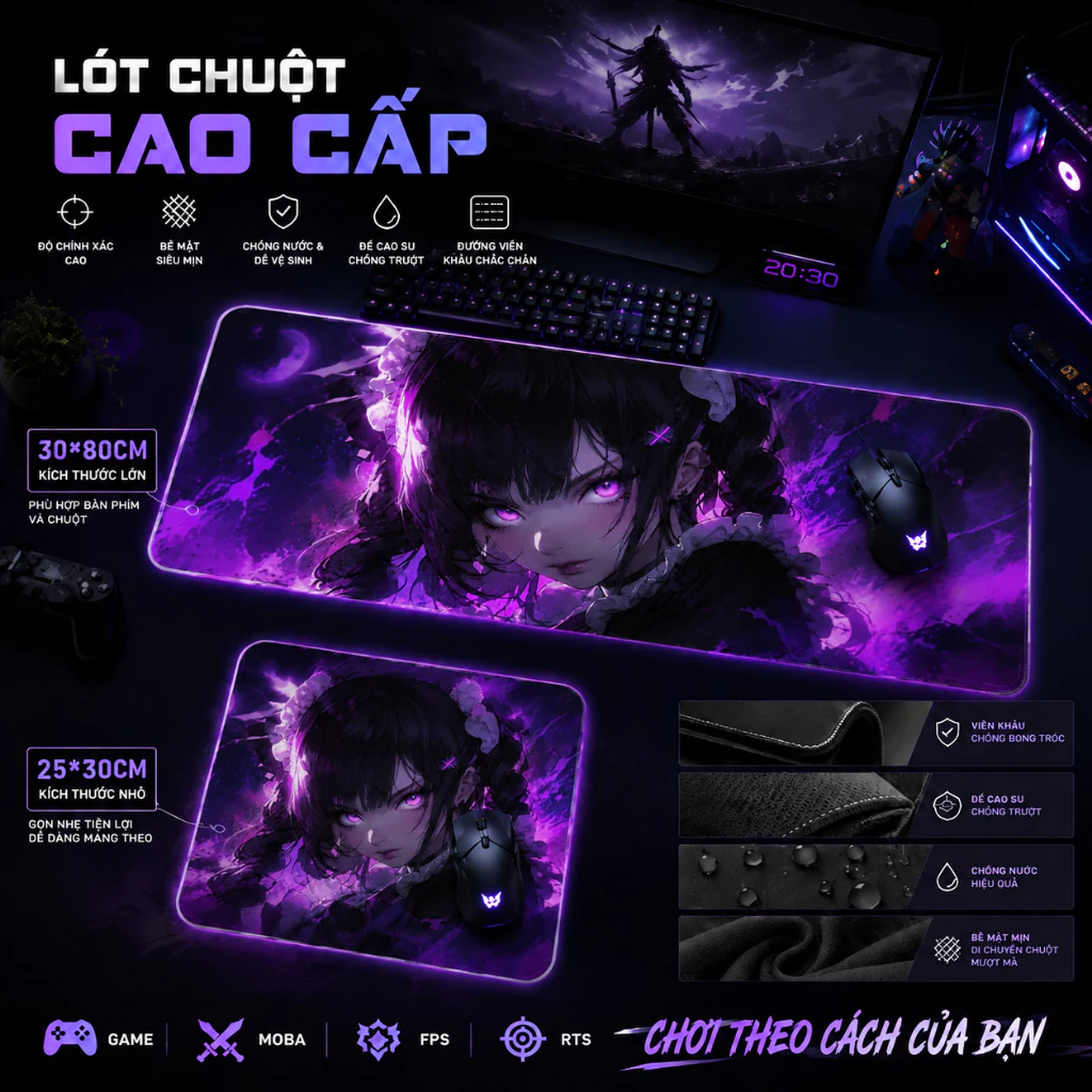 Lót chuột Anime neon tối, họa tiết thiếu nữ bí ẩn, chống trơn, cho game thủ & fan 2D, size 80*30 & 25*30.