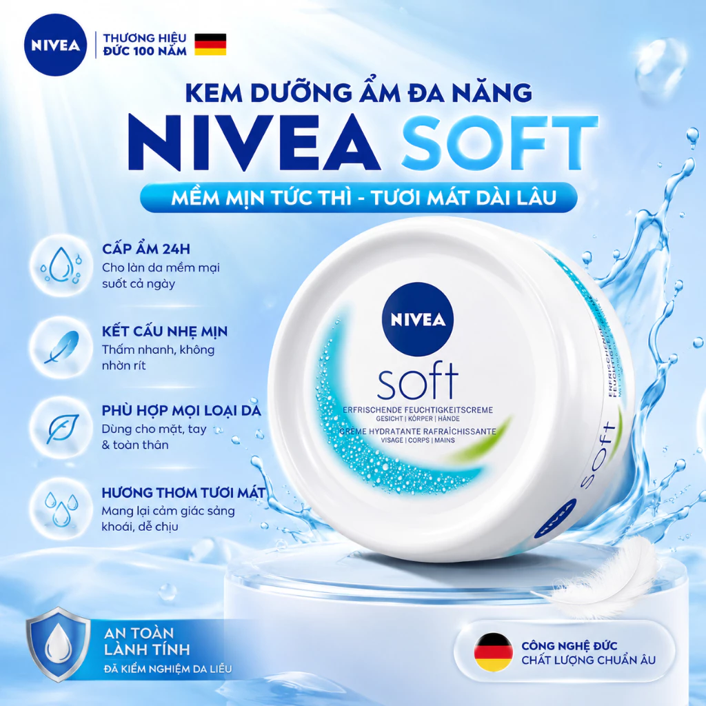 Kem Dưỡng Ẩm  Nivea Soft Trắng Da Mịn Màng Dưỡng Ẩm Mặt, Body & Tay (200ml - Đức)