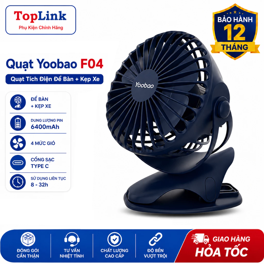 Quạt Kẹp Tích Điện Mini Yoobao F04 Pin Khủng 6400mah Chạy 1.5 Ngày Có 4 Mức Gió Siêu Bền Bảo Hành 12 Tháng Chính Hãng