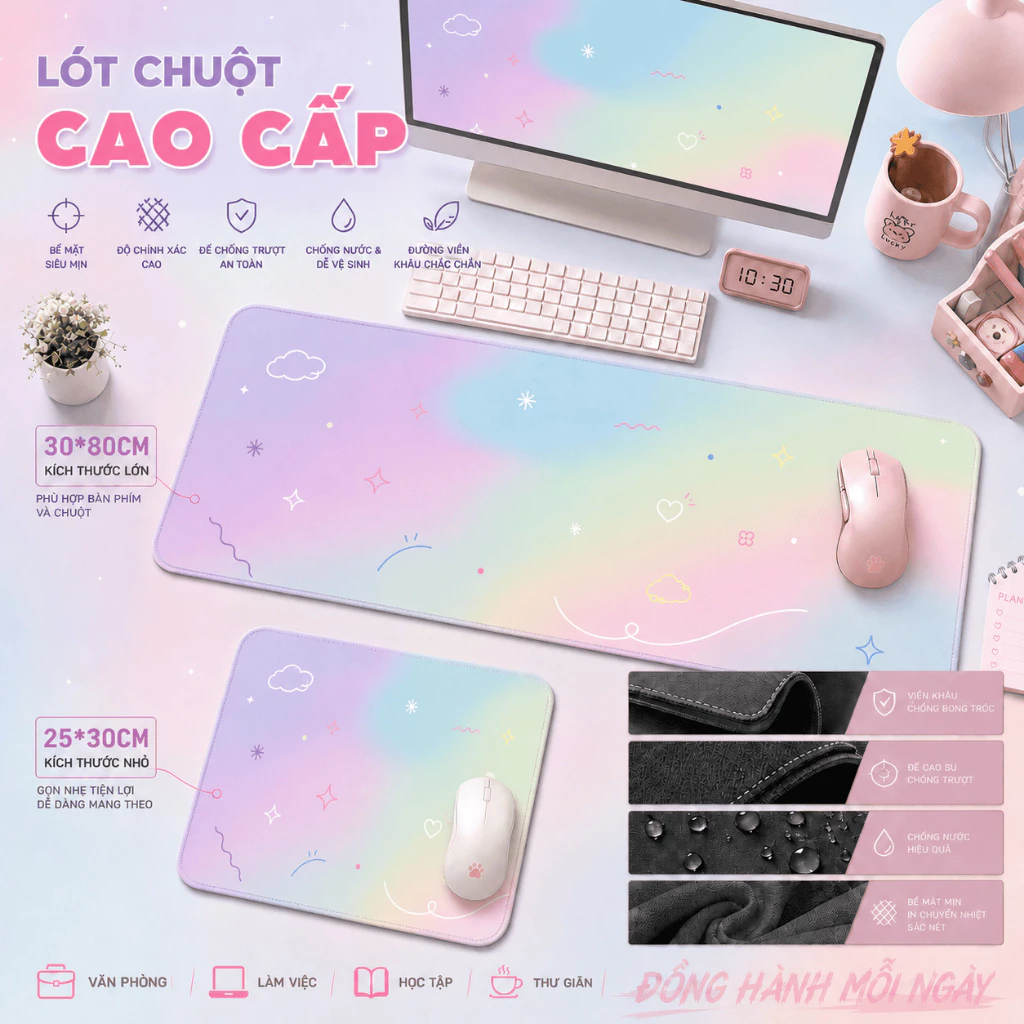 Lót chuột màu pastel cầu vồng, thiết kế mơ mộng, chống trơn, cho nữ sinh & bạn gái, size 80*30 & 25*30.