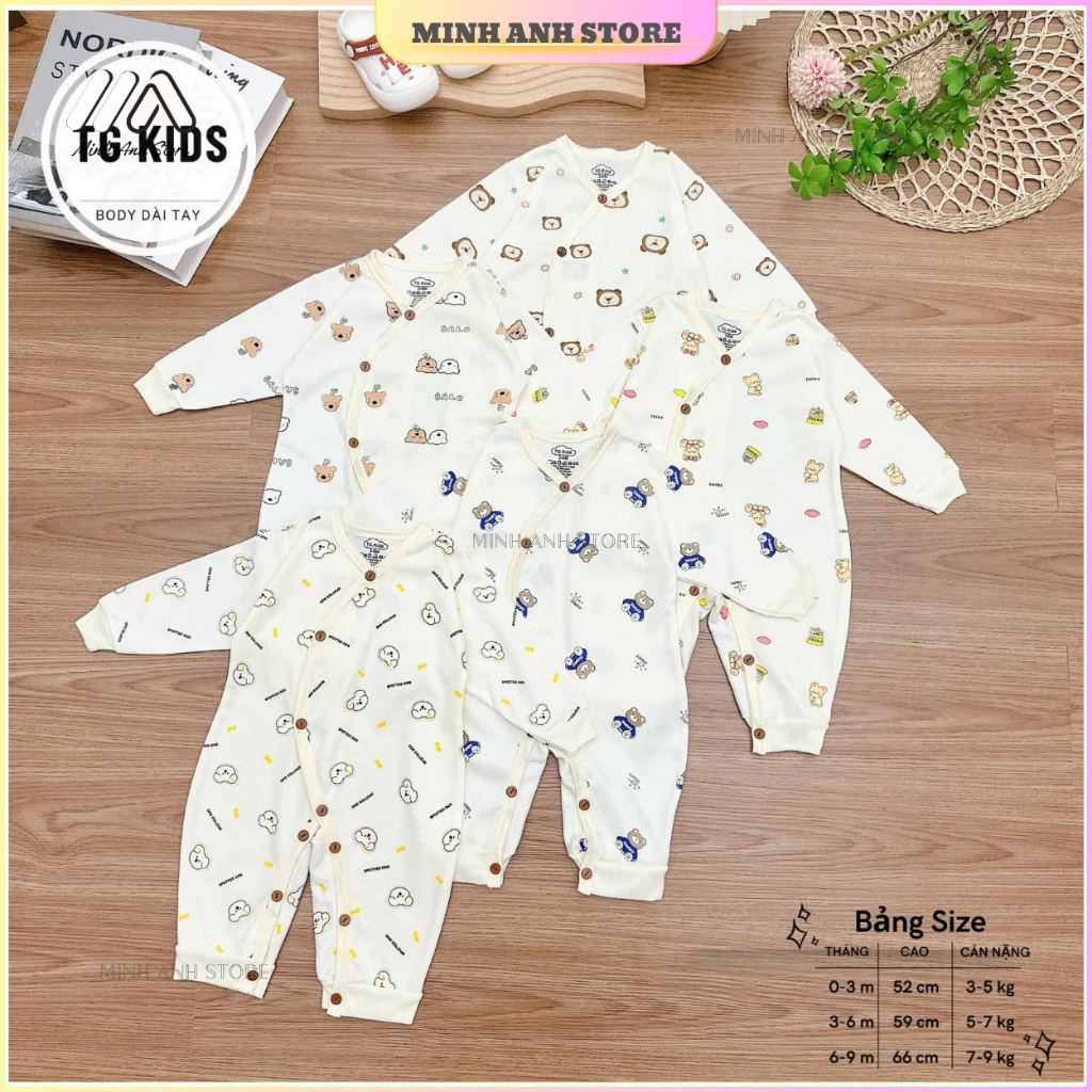 [Set 2/3/5] Body nỉ hàn khuy chéo nền kem in họa tiết ngộ nghĩnh mềm mịn giữ ấm cho bé từ 3-9kg
