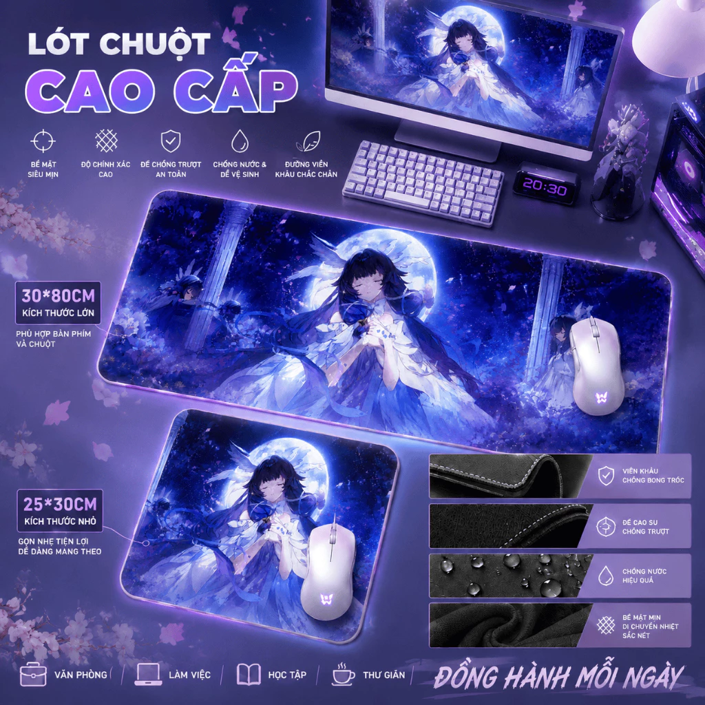 Bàn di chuột Genshin phong cách huyền ảo, màu tím sao đêm, chống nước, trang trí bàn gaming, size 80*30 & 25*30.