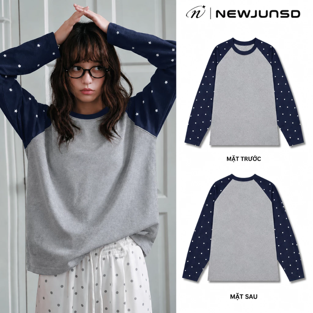 Áo Thun Tay Dài Raglan NEWJUNSD - Phối Tay Navy Họa Tiết Ngôi Sao Cotton 270Gsm Form BOXY Phong Cách Trẻ Trung