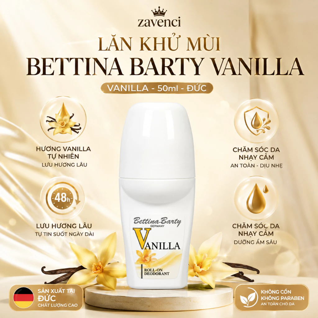 Lăn nách khử mùi Bettina Barty Vanilla 50ml Đức Khô Thoáng Dưỡng Mịn Hương Vani Lưu Hương Lâu