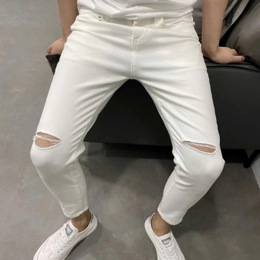Quần Jean Rách Gối Nam Form Ôm Body Cá Tính – Trắng Đen Hottrend Quần Jean Nam Co Giãn Nhẹ, Form Slimfit 50-X1 QJN