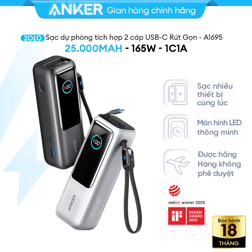 [LIVE] Sạc di động Anker Zolo 25.000mAh | Công suất 165W | Tích hợp 2 cáp USB-C có thể rút gọn | Có màn hình - A1695