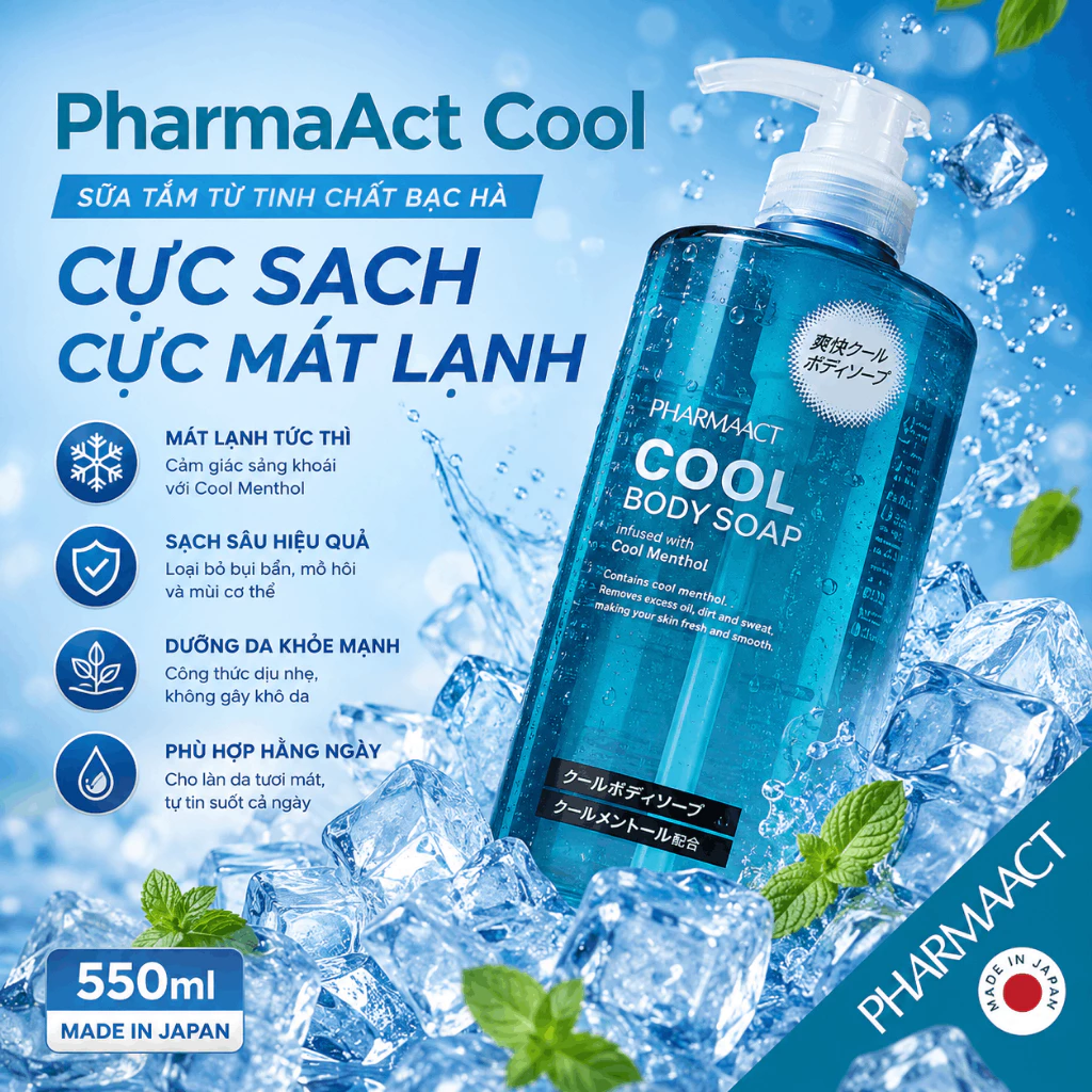 Sữa tắm nam bạc hà mát lạnh Pharmaact Cool Body Soap ngừa mụn lưng sạch sâu Nhật Bản 550ml