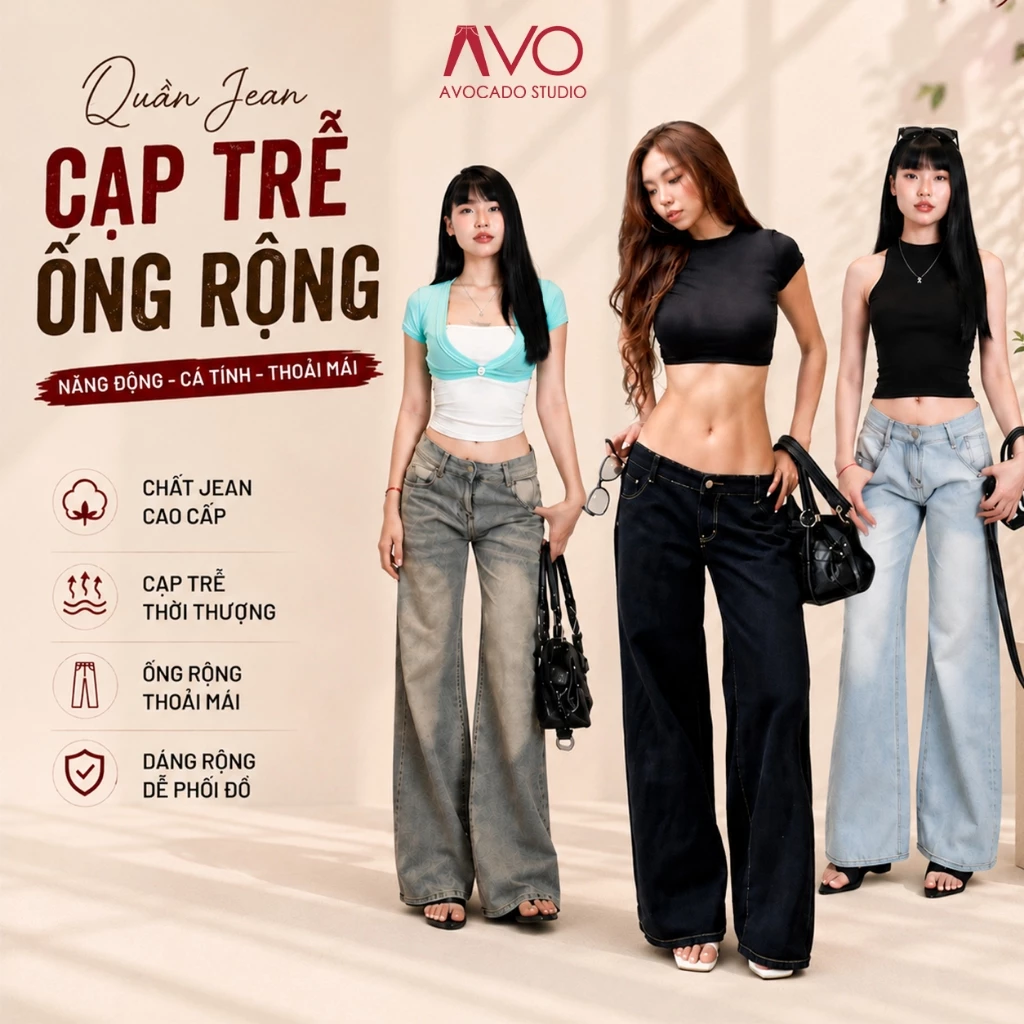 Avocado Studio - Quần jean nữ cạp lưng trễ thấp Avo Avocado ống rộng phong cách y2k N2004_755