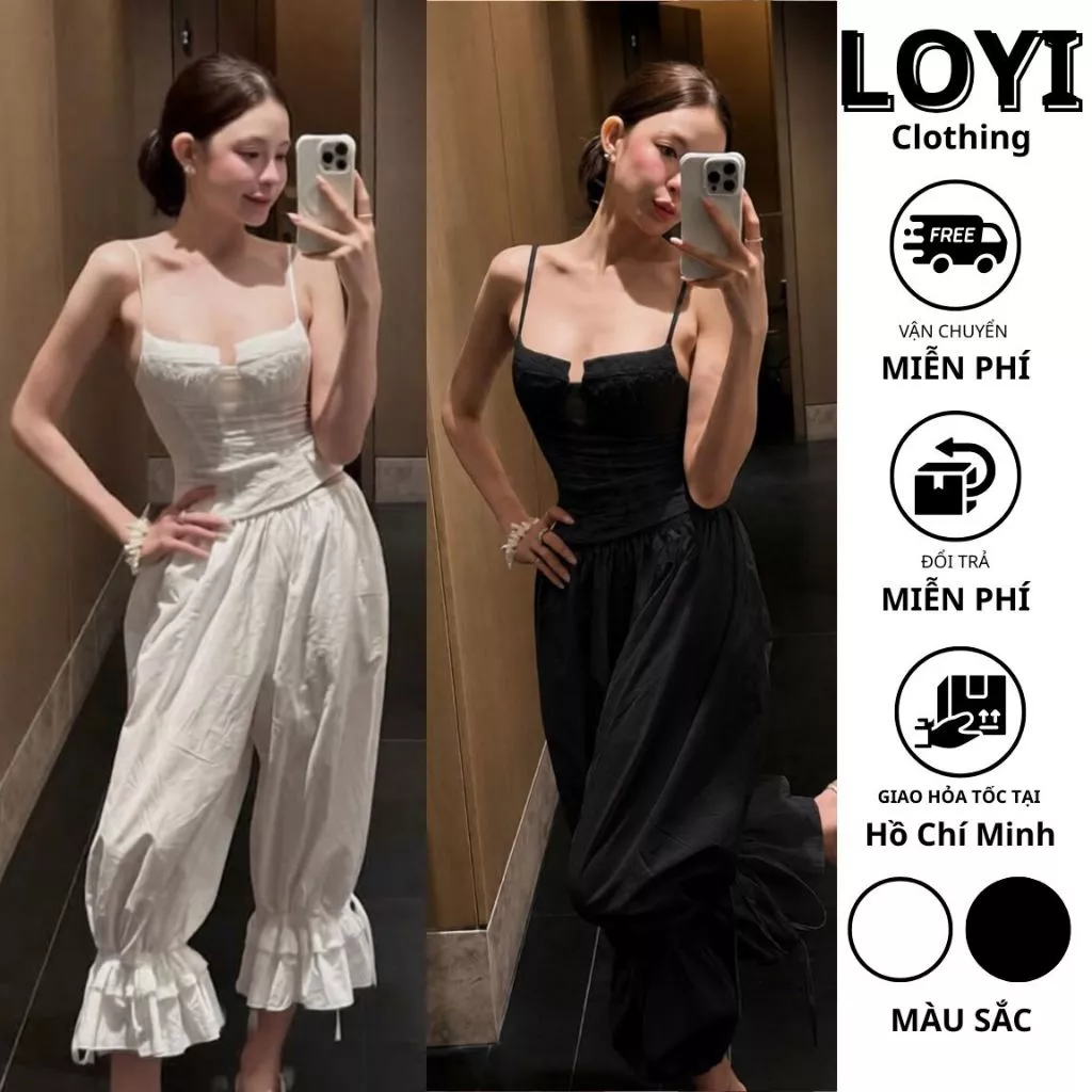 [Hỏa Tốc] Set Nữ Áo Hai Dây Ôm Dáng Kèm Quần Dài Ống Rộng Bo Gấu, Set Đồ Nữ Gợi Cảm Hot Trend 2026