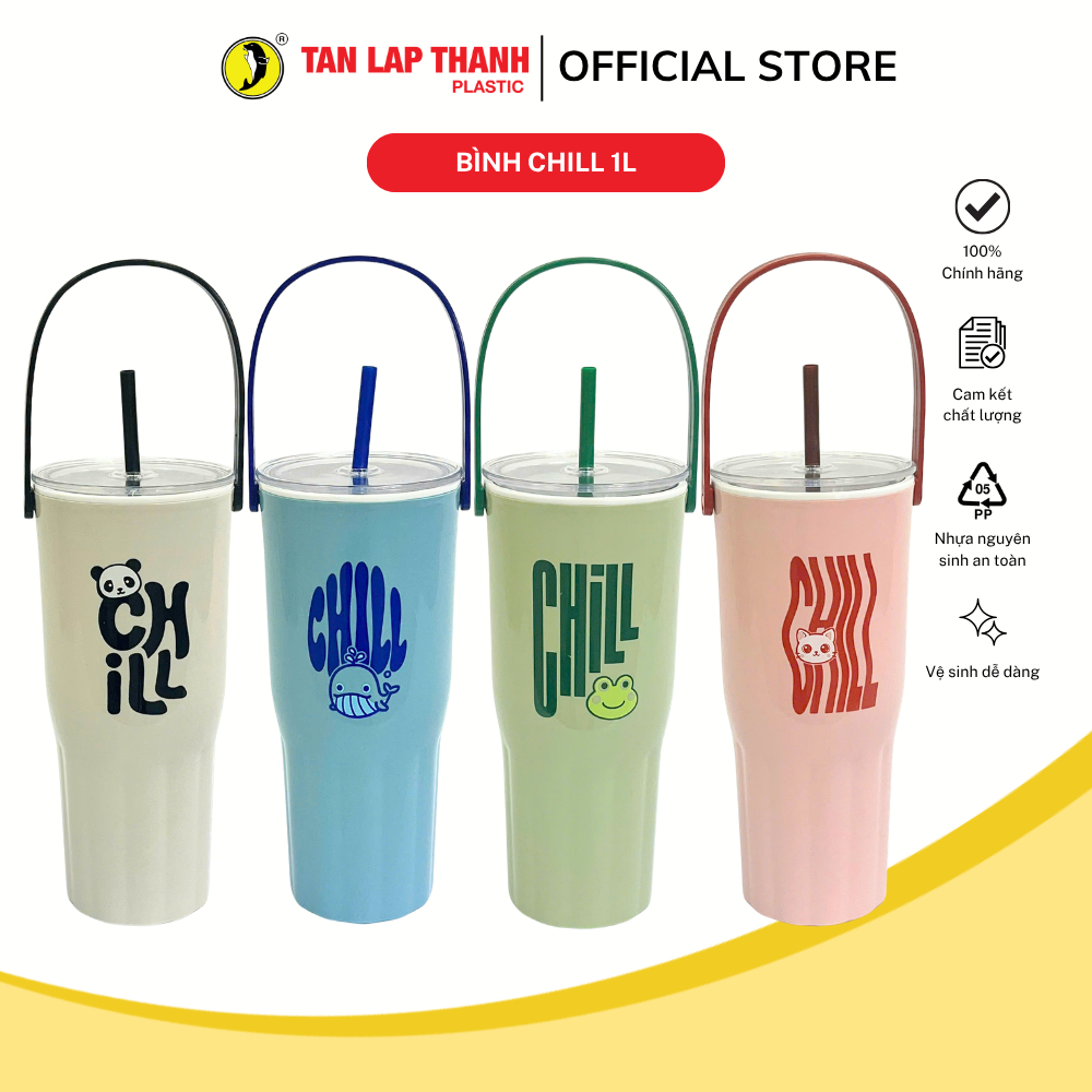 Bình Chill giữ nhiệt 1L Tân Lập Thành, ly đựng nước có quai xách nhựa PP an…