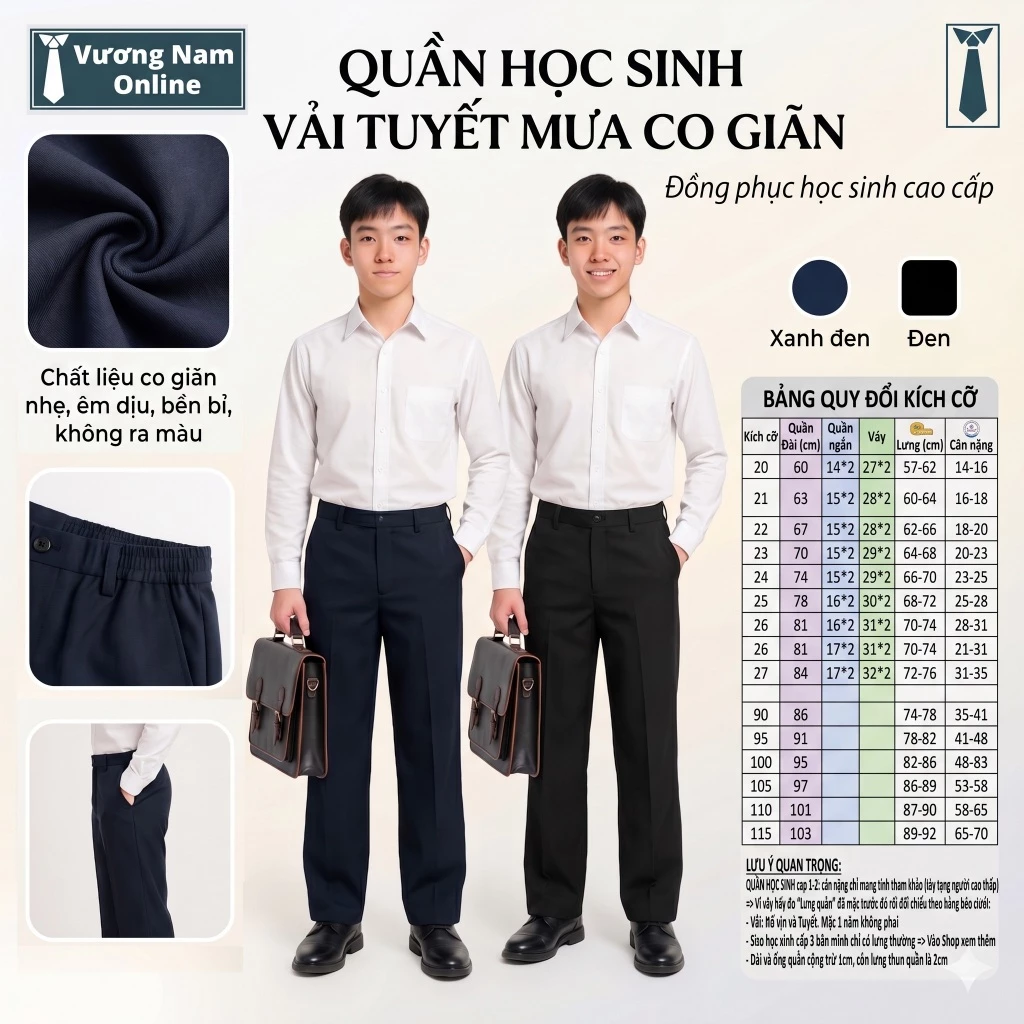 Quần học sinh cho bé trai và gái loại hàng chuẩn đẹp màu xanh đen chất vải Tuyết và Bố tốt cấp 1 2 VNO134
