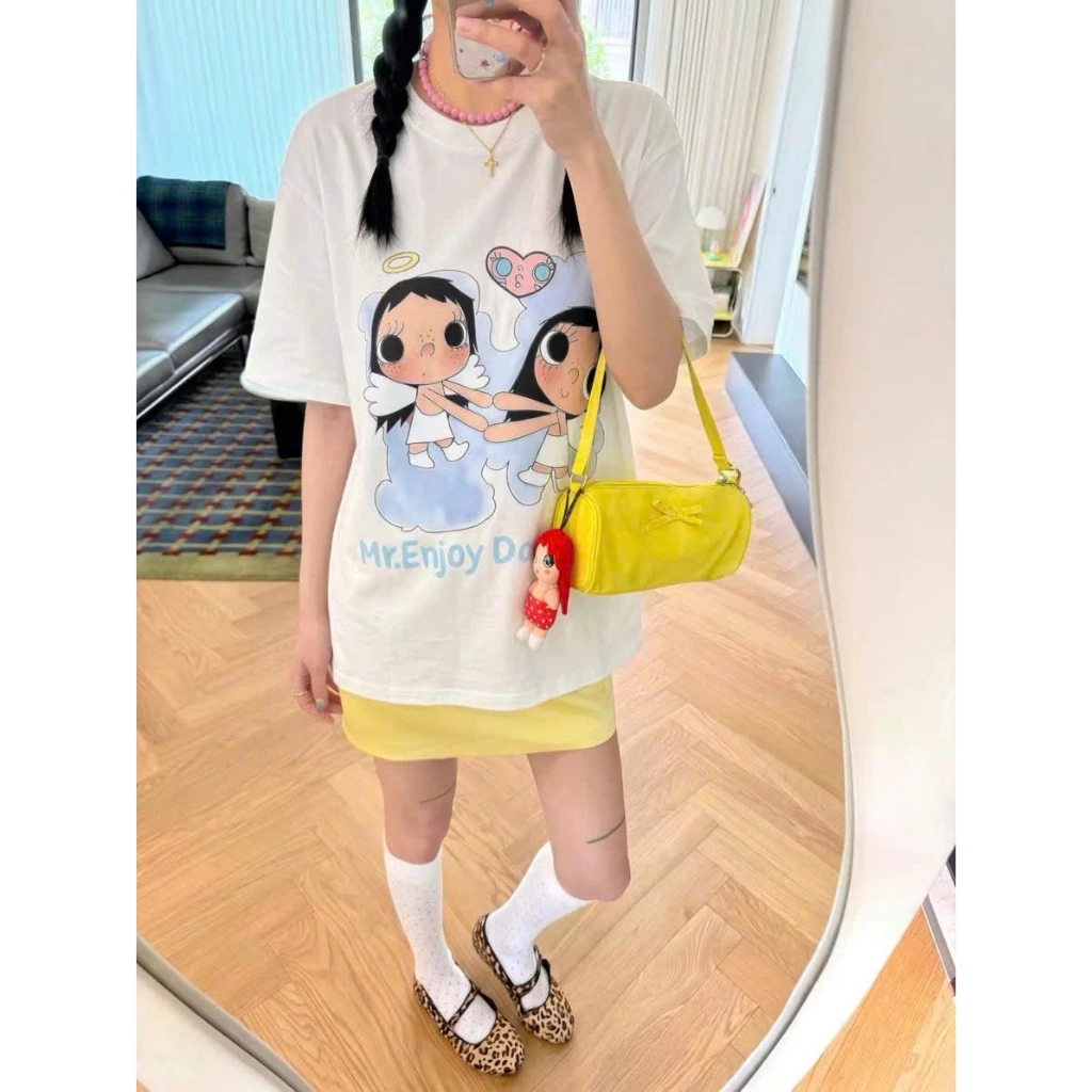 Áo thun nữ Ngắn Tay Cotton in hình Dáng Rộng menina_studio, áo thun ngắn tay nữ vải cotton 100% in hình xinh