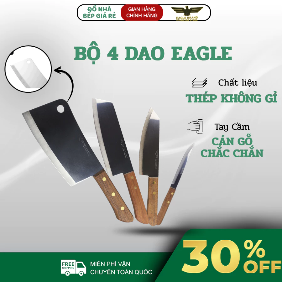 Bộ 4 Dao Eagle Làm Bếp Đa Năng Thái Lan Lưỡi Dao Sắc Bén, Chống Gỉ Tay Cầm Cán Gỗ Cao Cấp - Haatz Online