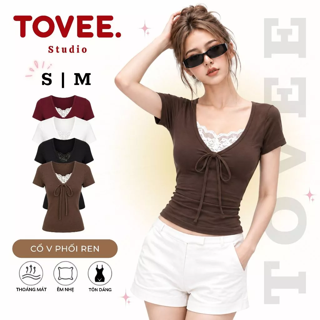 Áo Thun TAY NGẮN CỔ V PHỐI REN THẮT NƠ Dáng Dài Chất Borip Lụa DD75, Áo Babytee Nữ Ôm Body TOVEE