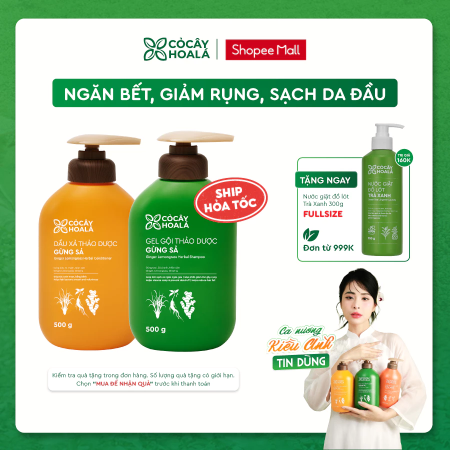 Dầu Gội Xả Gừng Sả Cỏ Cây Hoa Lá 500g - Ngăn Tóc Bết Dầu