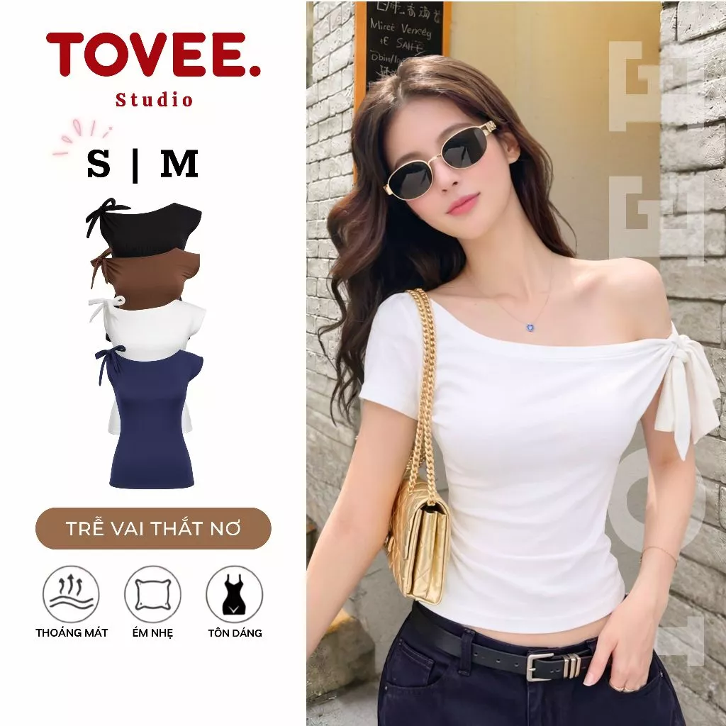 Áo Thun TRỄ VAI THẮT NƠ Dáng Dài Cộc Tay DD94, Áo Thun Nữ Chất Borip Nhiều Màu Kiểu Lệch Vai TOVEE