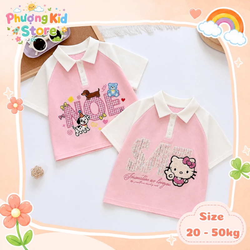 [A37] Áo polo cổ bẻ bé gái chất poli in hình cute, áo thun có cổ mặc đi học đi chơi dạo phố cho bé 20 - 50kg
