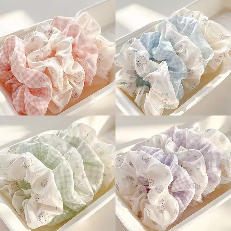 Set Dây Buộc Tóc Scrunchies Voan Nơ Caro Pastel, Thun Cột Tóc Nữ Hàn Quốc Vintage Dễ Thương
