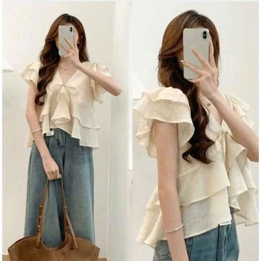 Áo Voan Tơ Cổ V Tay Hến Bèo Tầng  chất voan tơ Thời Trang Nữ