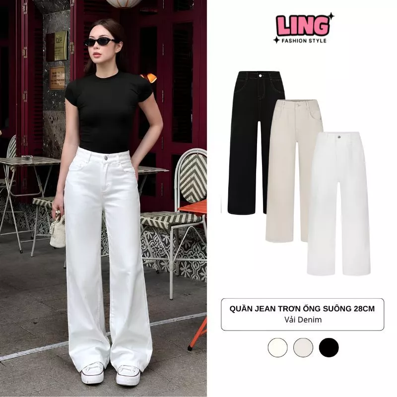Quần Jean Nữ Ống Suông Rộng Màu Trắng Ling Chất Vải Dày Dặn phong cách ulzzang Hàn Quốc, quần suông kaki nữ cạp cao đủ s