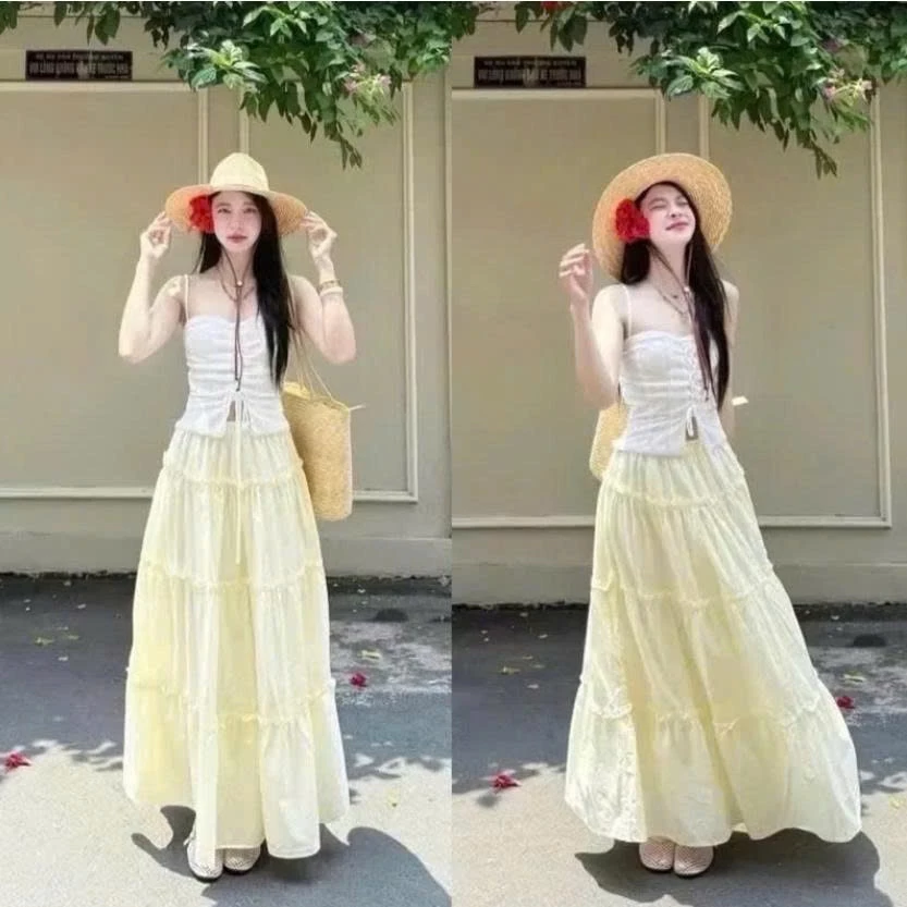 Chân Váy Midi đi biển Chất Voan Tơ Dáng Dài Thiết Kế 4 Tầng Bồng Bềnh Dành Cho Nữ