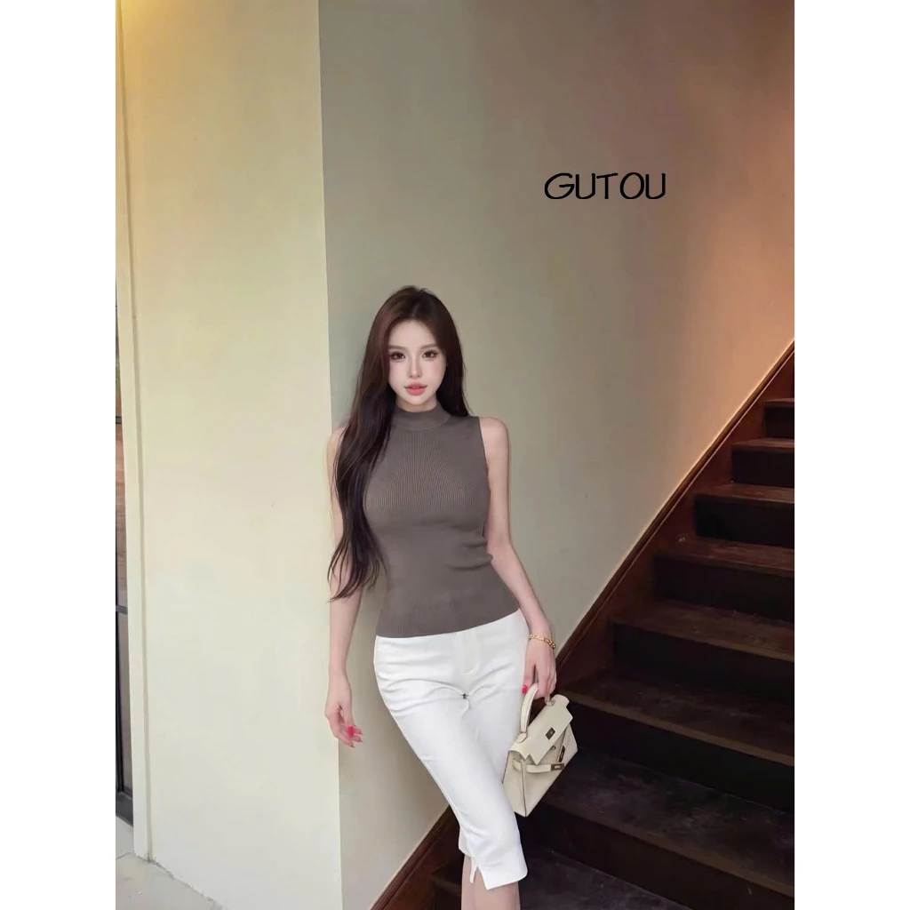 GUTOU - Quần Jean Lửng Nữ Cạp Cao Lai Xẻ Dáng Ôm Hem Denim G300