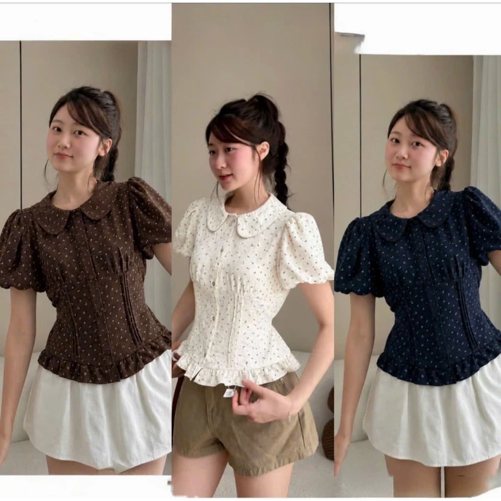 Áo Kiểu Cổ Sen Cúc Dọc Viền Bèo,Áo Sơ Mi Hoa Nhí Tay Bồng Có Dây Buộc Lưng Nhiều Màu Cho Nàng