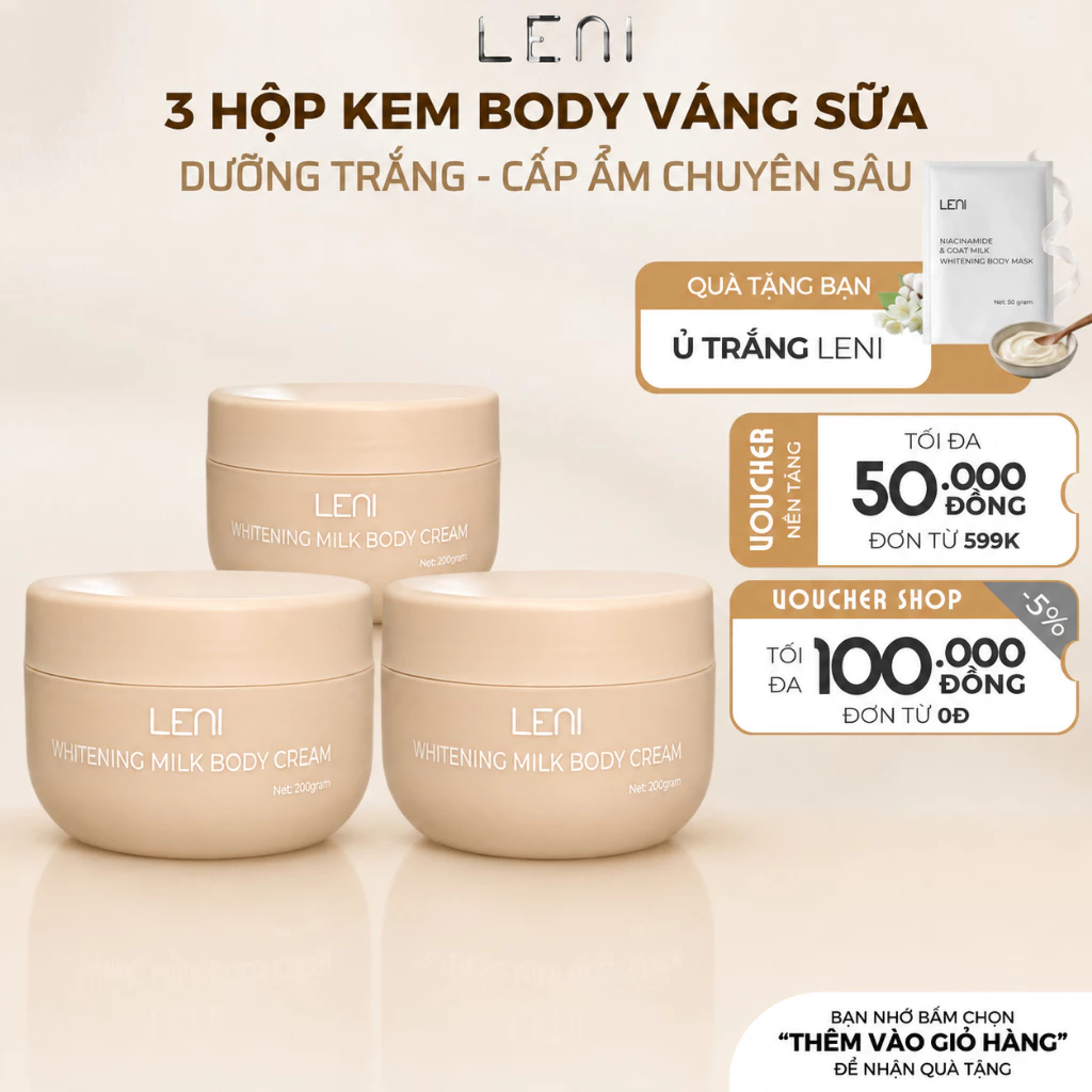 [Tặng 1 Ủ Trắng] Combo 3 Hộp Kem Body Váng Sữa LENI Whitening Milk Cream Mai Phương Bùi - Hộp 200G