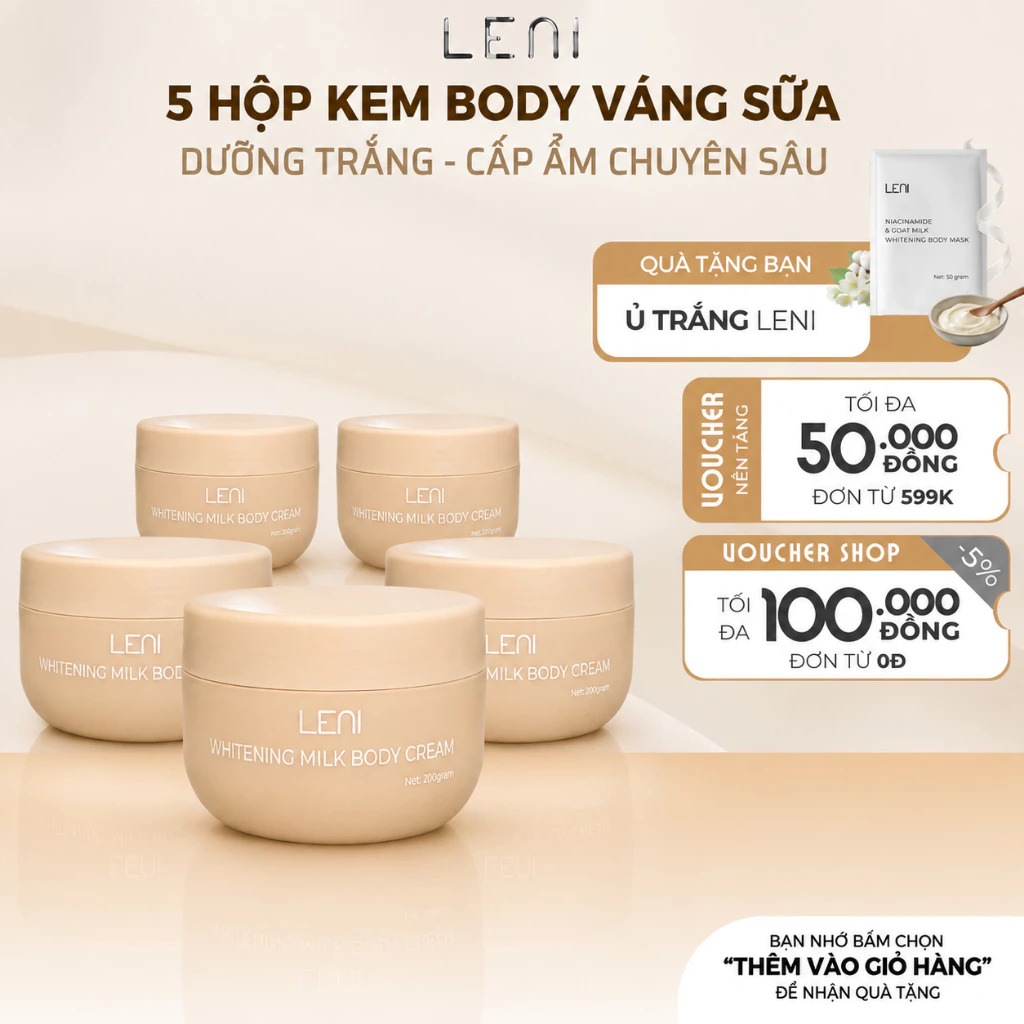 [Tặng 2 Ủ Trắng] Combo 5 Hộp Kem Body Váng Sữa Nâng Tone LENI WHITENING MILK CREAM - 200G