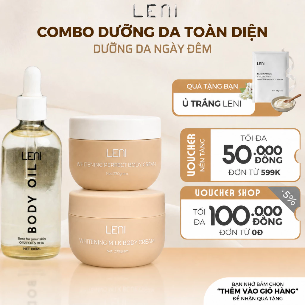 [Tặng 1 Ủ Trắng] Bộ 3 Chăm Sóc Da Ngày Đêm Với Kem Body Váng Sữa, Kem Body Perfect, Body Oil Leni