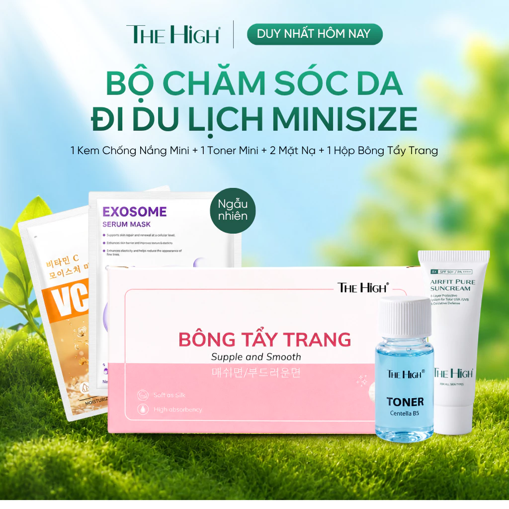 The High Bộ Chăm Sóc Da Du Lịch Gồm Kem Chống Nắng Mini,Toner Mini,Bông Tẩy Trang Và Mặt Nạ Dưỡng Ẩm