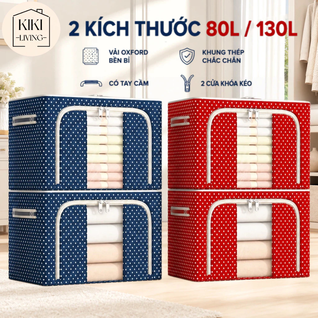Hộp đựng quần áo gấp gọn có khung thép – 2 mặt khóa kéo, chống bụi ẩm, tiết kiệm diện tích 80L/130L