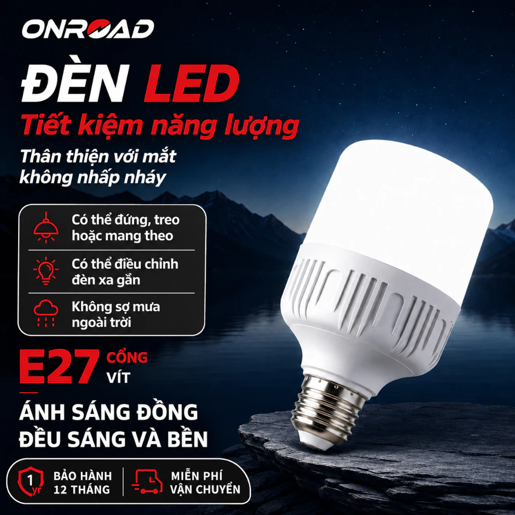 Bóng Đèn LED Trụ 15W Đui E27, Chiếu Sáng Rộng, Tiết Kiệm Điện 80%, Thiết Kế Kín Chống Bụi Ẩm