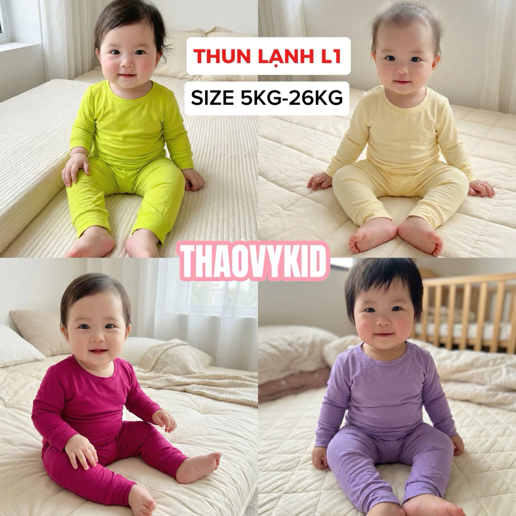 (M2) Đồ Bộ Dài Thun Lạnh Co Dãn 4 Chiều Màu Trơn Cho Bé Trai Và Bé Gái , Size từ 5kg-16kg