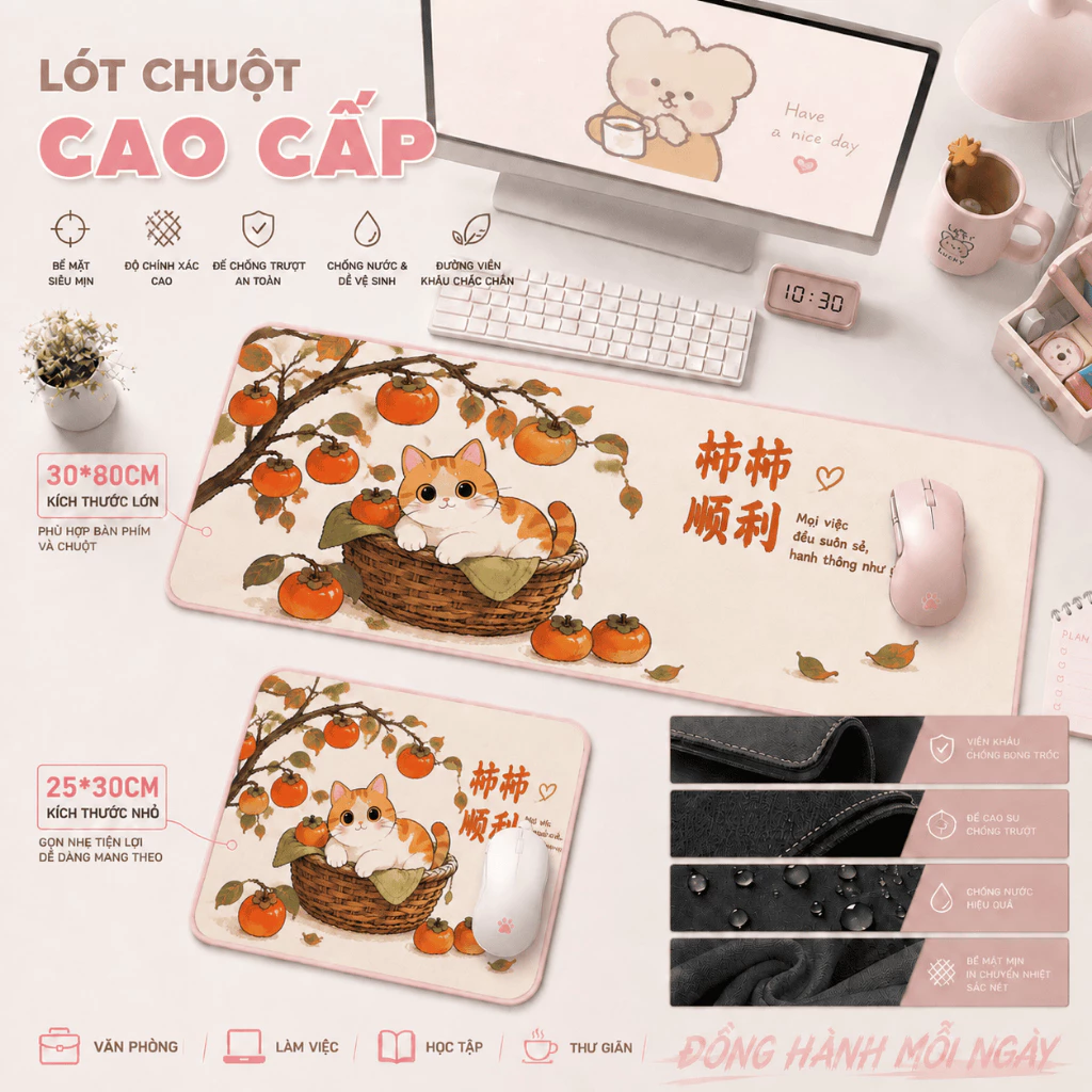 Lót chuột mèo con & quả hồng, họa tiết may mắn, chống trơn, quà tặng ý nghĩa, size 80*30 & 25*30.