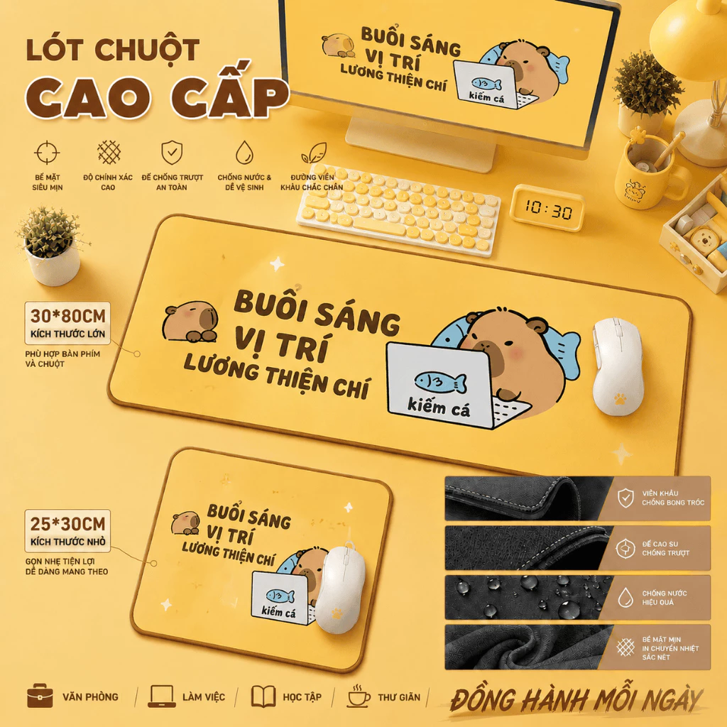 Mousepad Capy Bara màu pastel, bề mặt mịn, chống trơn, quà tặng dễ thương cho bạn bè, size 80*30 & 25*30.