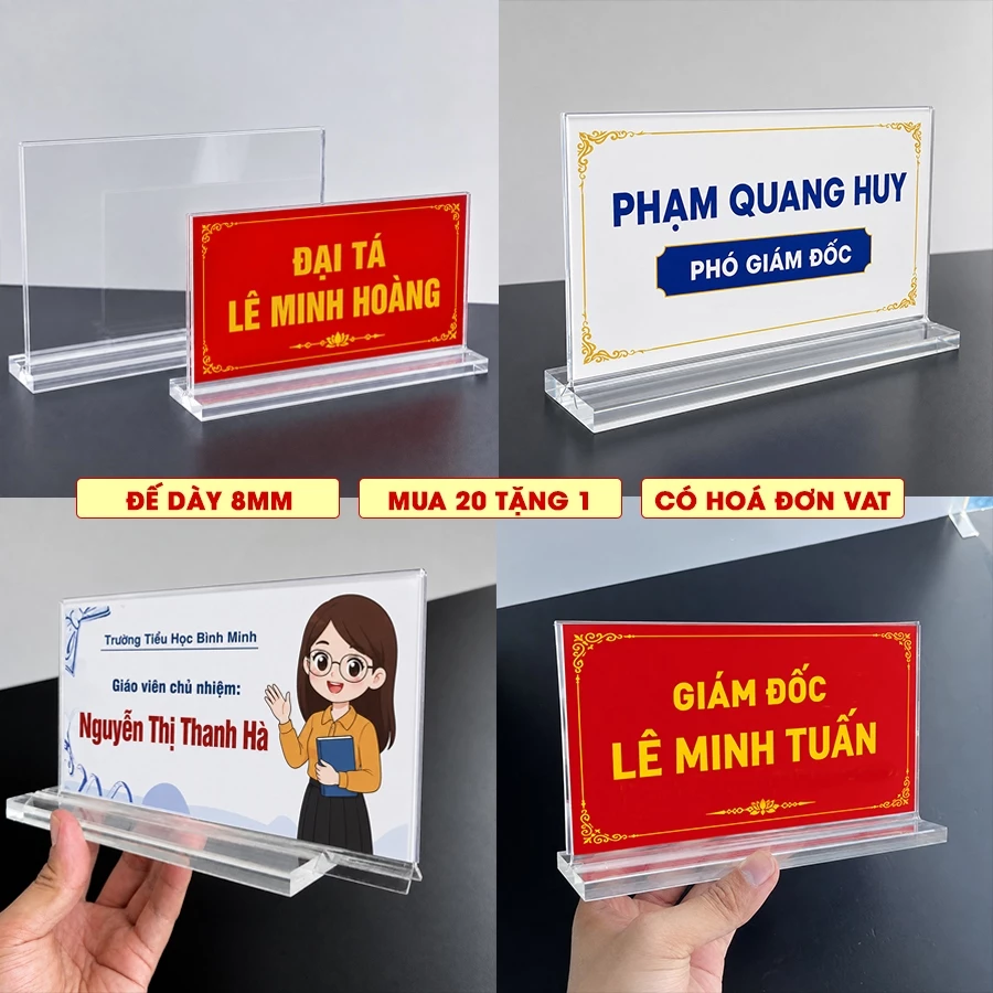 (Có hoá đơn VAT) Biển chức danh mica để bàn, Bảng tên mica ngang 10x20cm, 15x21cm - Đế dày 8mm