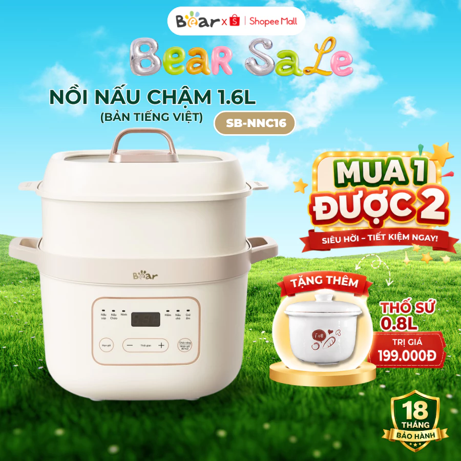 [TẶNG THÊM THỐ 0.8L] Nồi nấu cháo chậm cho bé 1.6L BEAR SB-NNC16, Kèm Lồng Hấp, hẹn giờ giữ nhiệt