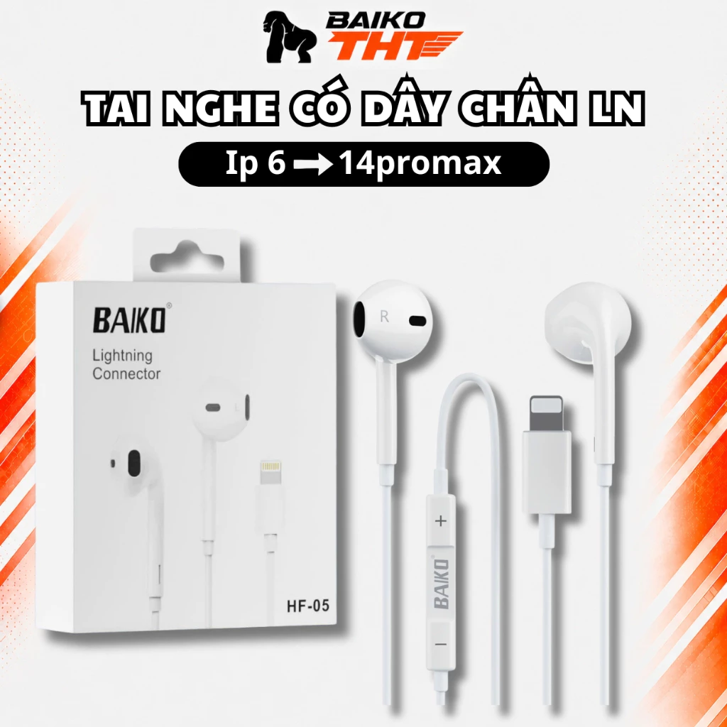 Tai nghe có dây BAIKO HF05 chân LN cho 6->14promax - Tai nghe có Mic nghe gọi thu âm, điều chỉnh âm lượng, bass hay