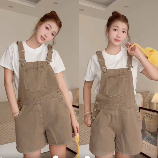 Yếm Quần short Jean Nữ Yếm Đùi Nút Hông Hai Bên