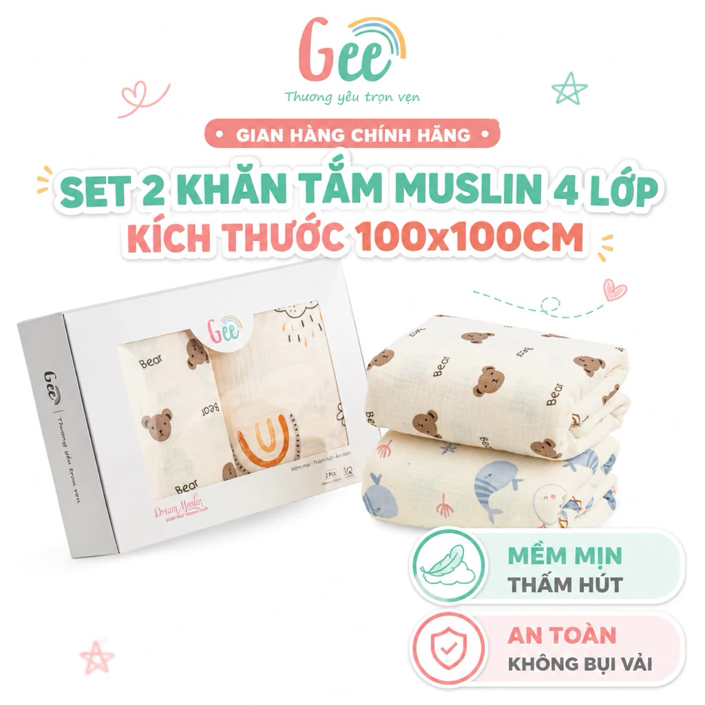 Khăn tắm muslin Gee 4 lớp cho bé sơ sinh – set 2 khăn 100x100cm, 100% cotton, mềm, thấm hút, an toàn