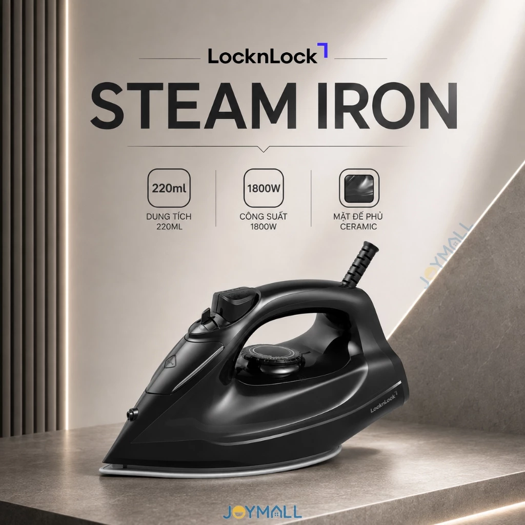 [ShopeeVip T10] Bàn Ủi Hơi Nước LocknLock Mặt Đế Phủ Gốm Ceramic ENI334BLK 220ml, Hàng Chính Hãng – JoyMall