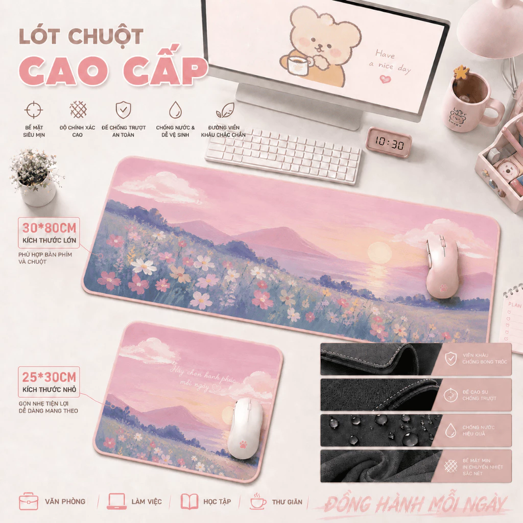 Lót chuột phong cảnh hoa cỏ, màu pastel dịu dàng, chống trơn, cho nữ sinh & học sinh, size 80*30 & 25*30.