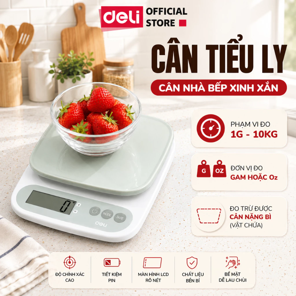 Cân Tiểu Ly Cân Điện Tử Nhà Bếp DELI Chính Hãng 1g-10kg Đo Gam, Oz Đo Trừ Bì Vật Chứa