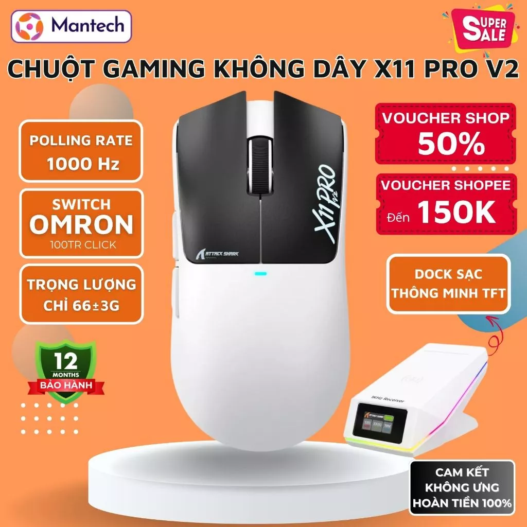 Chuột Gaming Không Dây Attack Shark X11 Pro V2 - Dock TFT, Polling Rate 1000Hz, PAW3315, 30K DPI